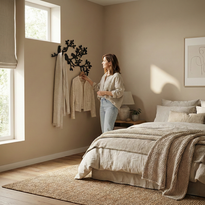 Porta abiti in metallo con rami e uccelli, appendiabiti a parete