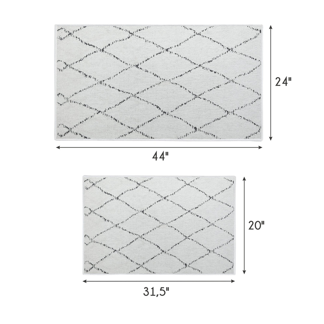 Moroccan Trellis Design Non Skid Washable Kitchen Runner Rugs Set of 2| 44 x 24 and 31.5 x 20 Inches Floor Mats |Ivory