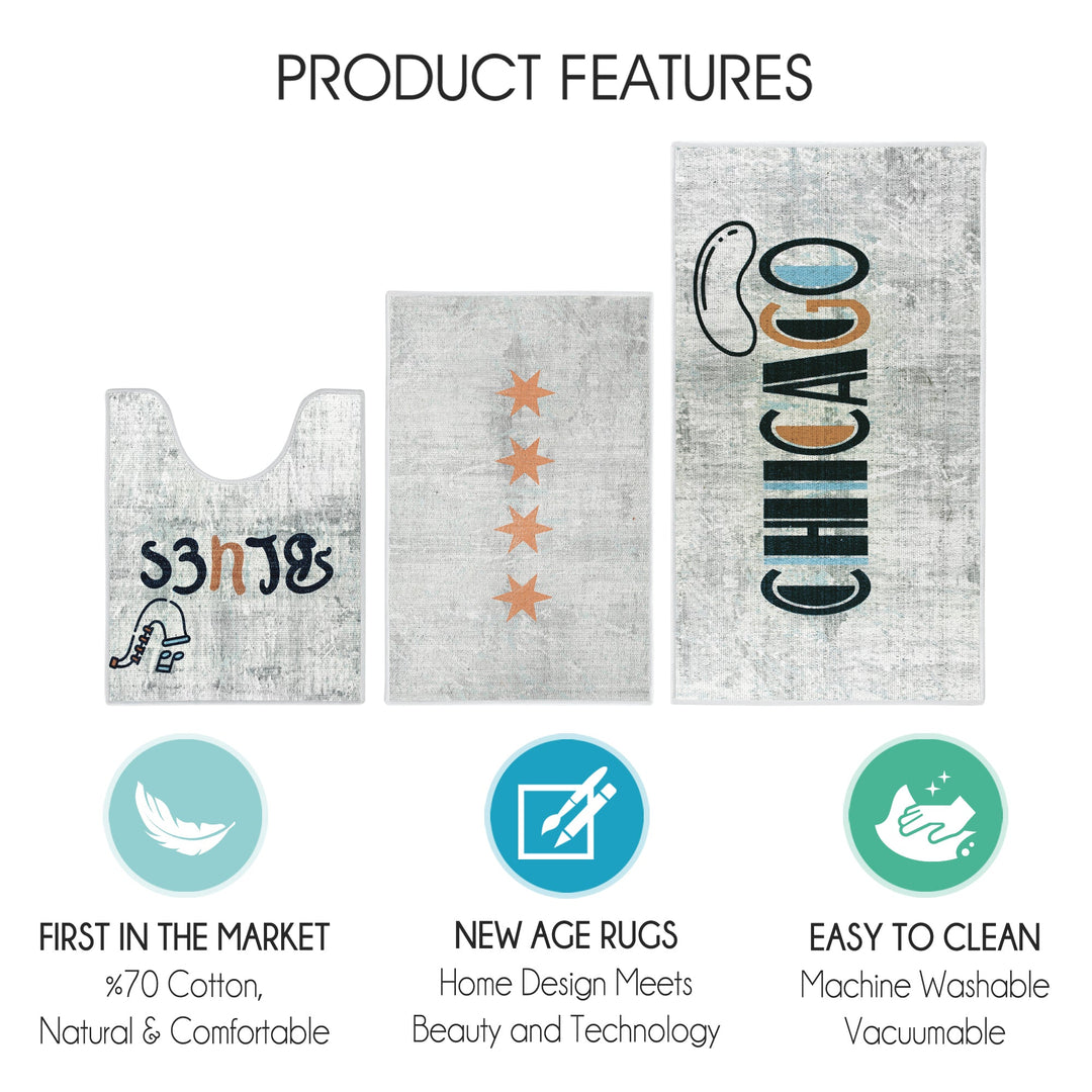 US States Chicago Design 3 Piece Bathroom Rugs Set |Ivory