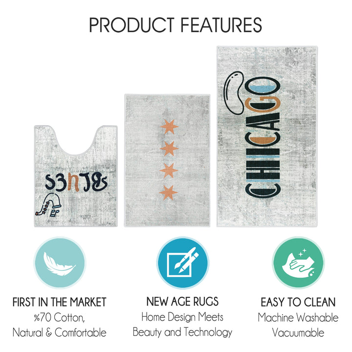US States Chicago Design 3 Piece Bathroom Rugs Set |Ivory