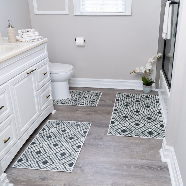 Geometric Design 3 Piece Bathroom Rugs Set |Gray