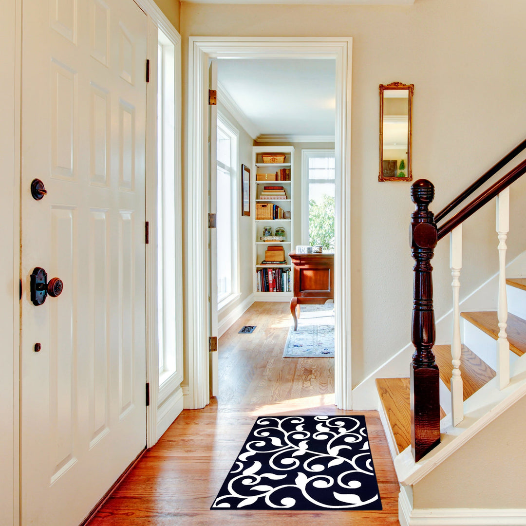 Sussex Home, Landing Rug, Slip Resistant Indoor Carpets Includes Adhesive Tape  2' x 3'-Floral Collection |Navy&White