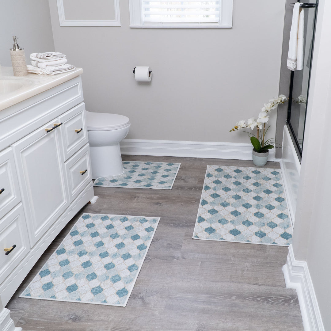 Moroccan Design 3 Piece Bathroom Rugs Set | Gray&Blue
