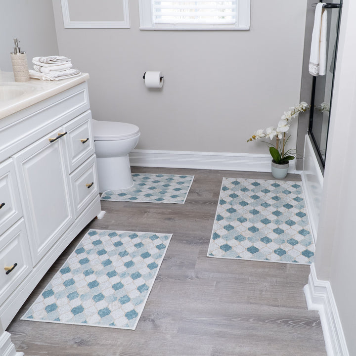 Moroccan Design 3 Piece Bathroom Rugs Set | Gray&Blue