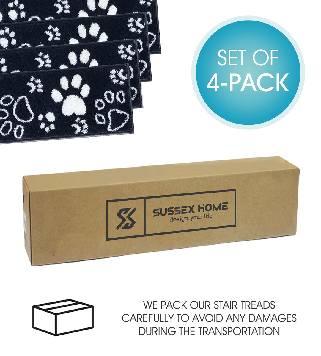 Stair Treads Rug 9"x28" Paw Collection | Navy & White