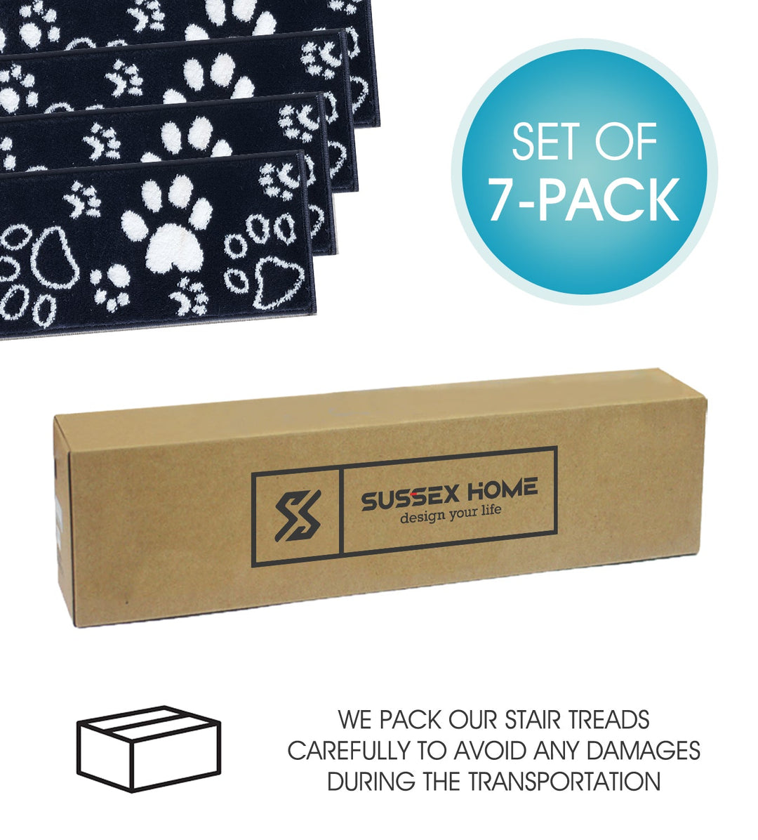 Stair Treads Rug 9"x28" Paw Collection | Navy & White