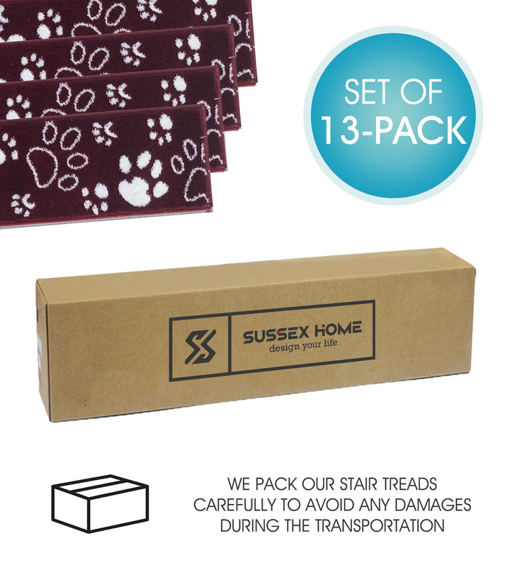 Stair Treads Rug 9"x28" Paw Collection | Red & White