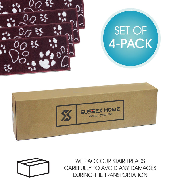 Stair Treads Rug 9"x28" Paw Collection | Red & White