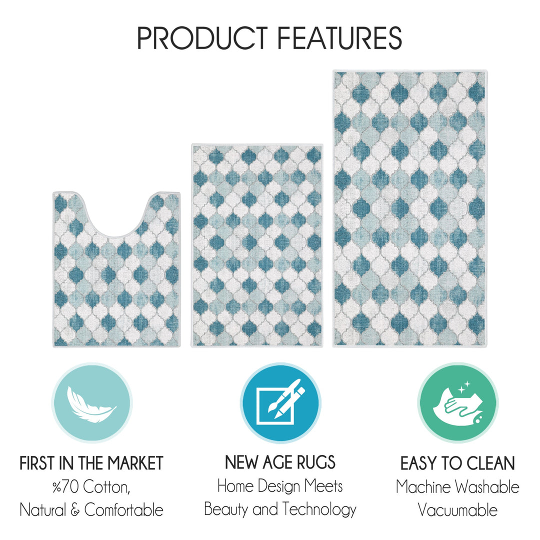 Moroccan Design 3 Piece Bathroom Rugs Set | Gray&Blue