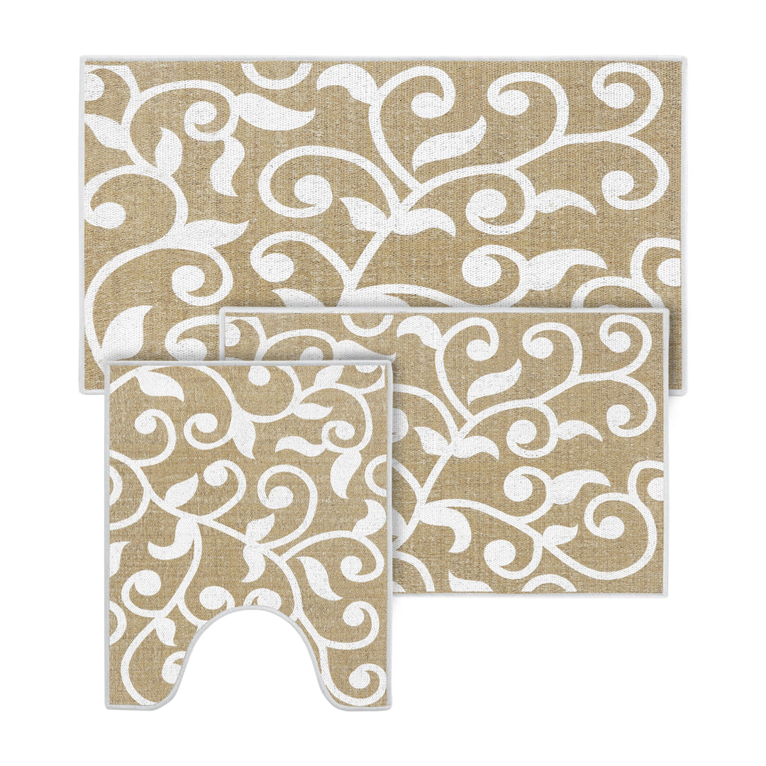 Floral Design 3 Piece Bathroom Rugs Set |Beige