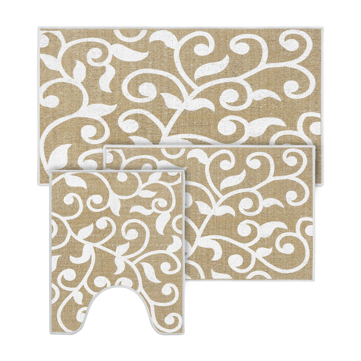Floral Design 3 Piece Bathroom Rugs Set |Beige