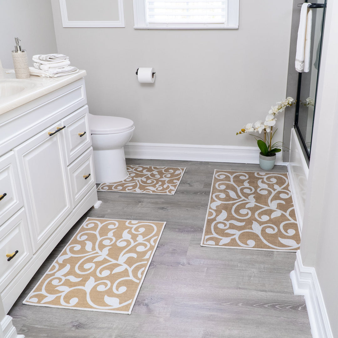 Floral Design 3 Piece Bathroom Rugs Set |Beige