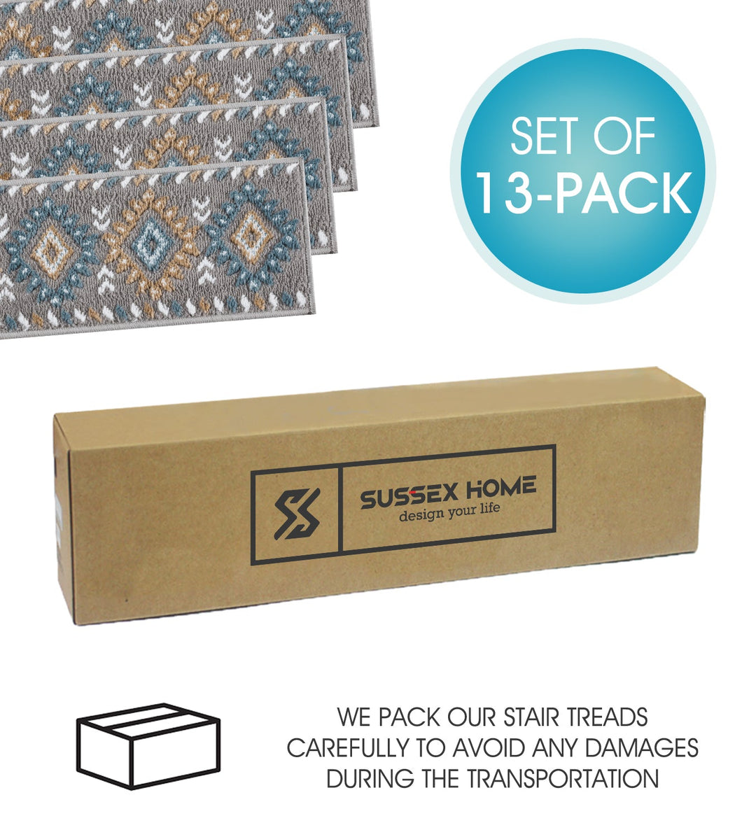 Stair Treads Rug 9"x28" Traditional Collection | Teal & White