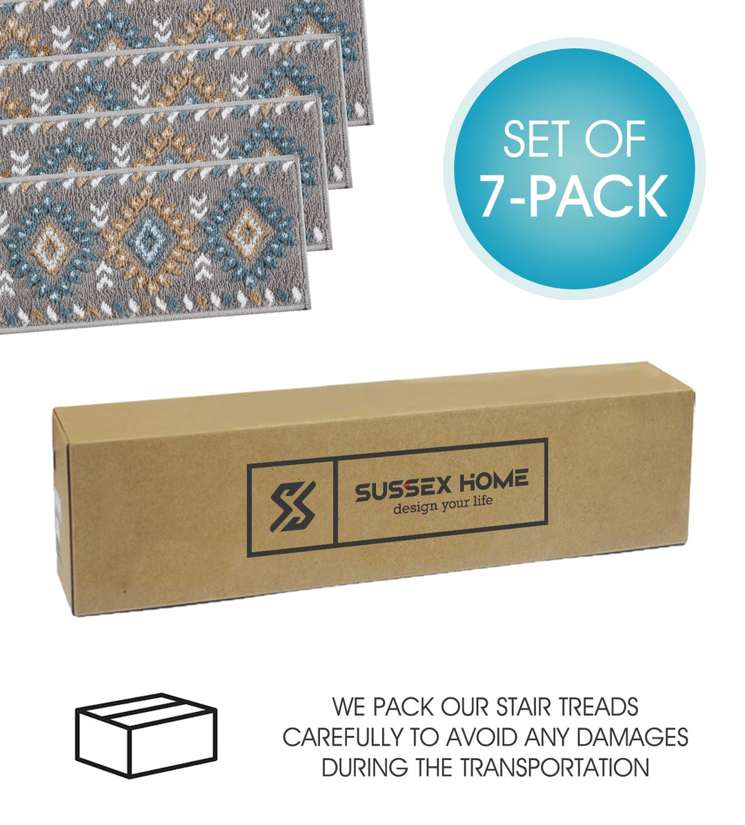 Stair Treads Rug 9"x28" Traditional Collection | Teal & White