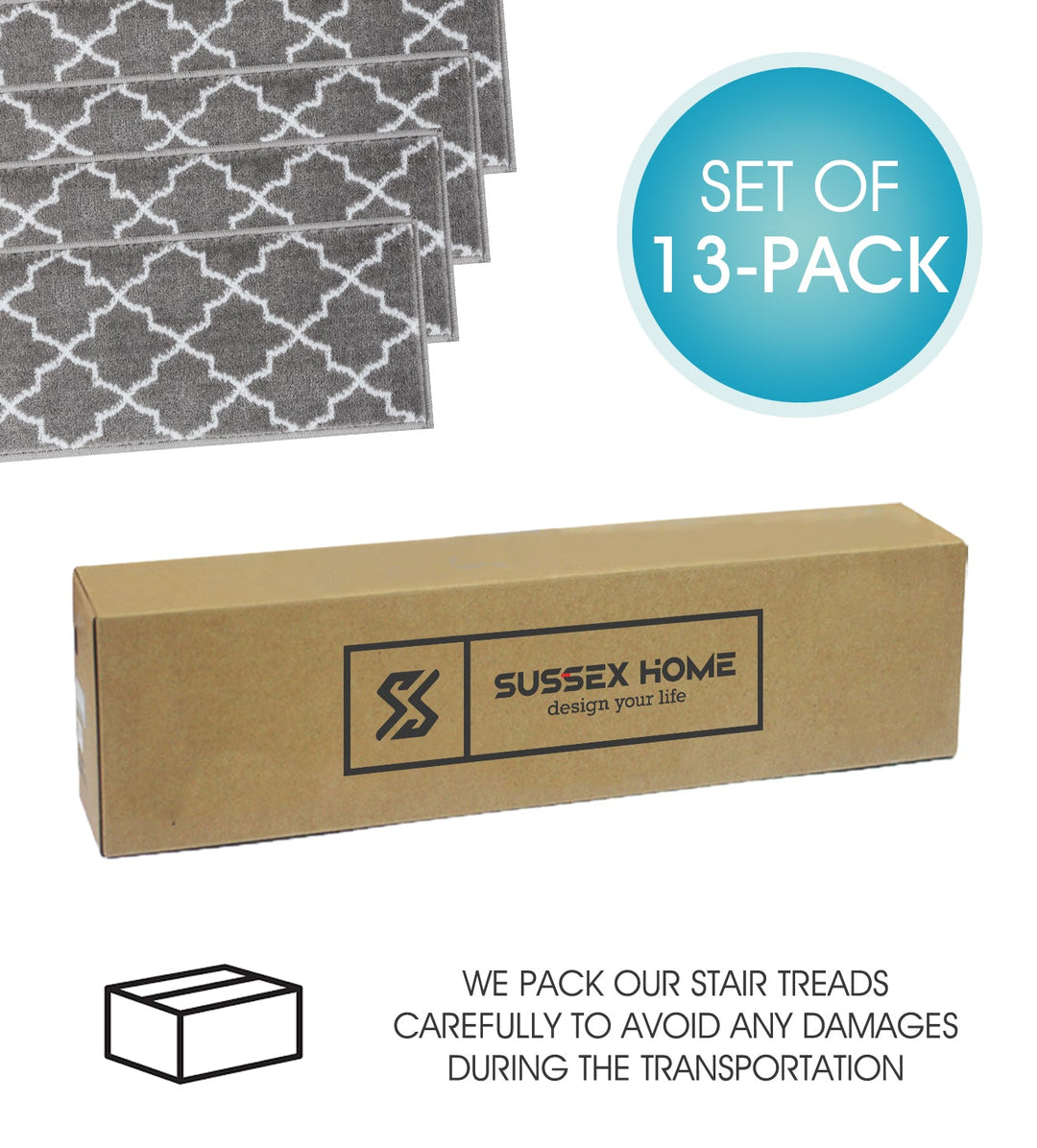 Stair Treads Rug 9"x28" Trellisville Collection | Gray & White