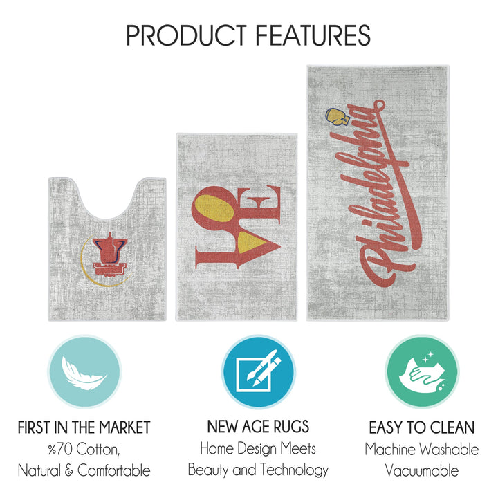 US States Philadelphia Design 3 Piece Bathroom Rugs Set | Red