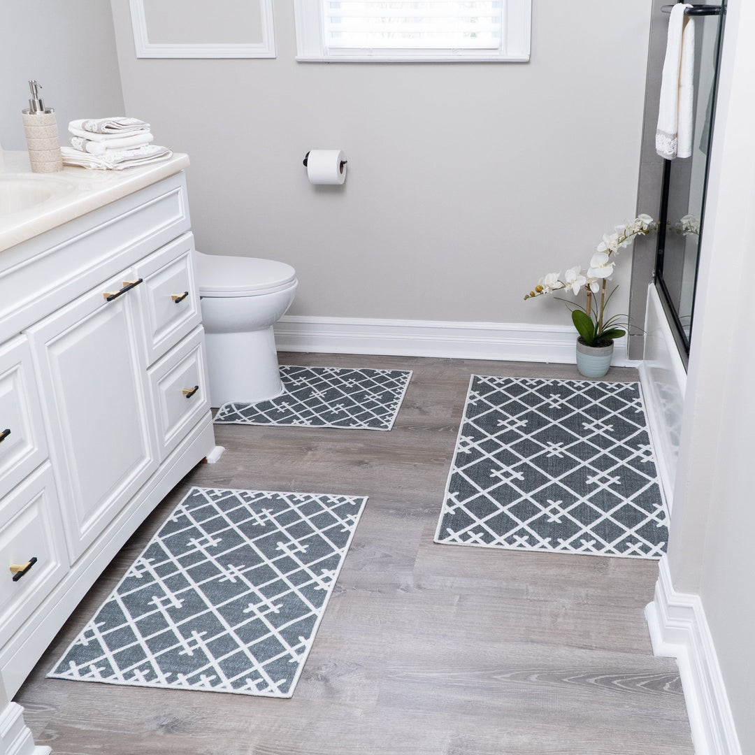 Geometric Design 3 Piece Bathroom Rugs Set|Gray