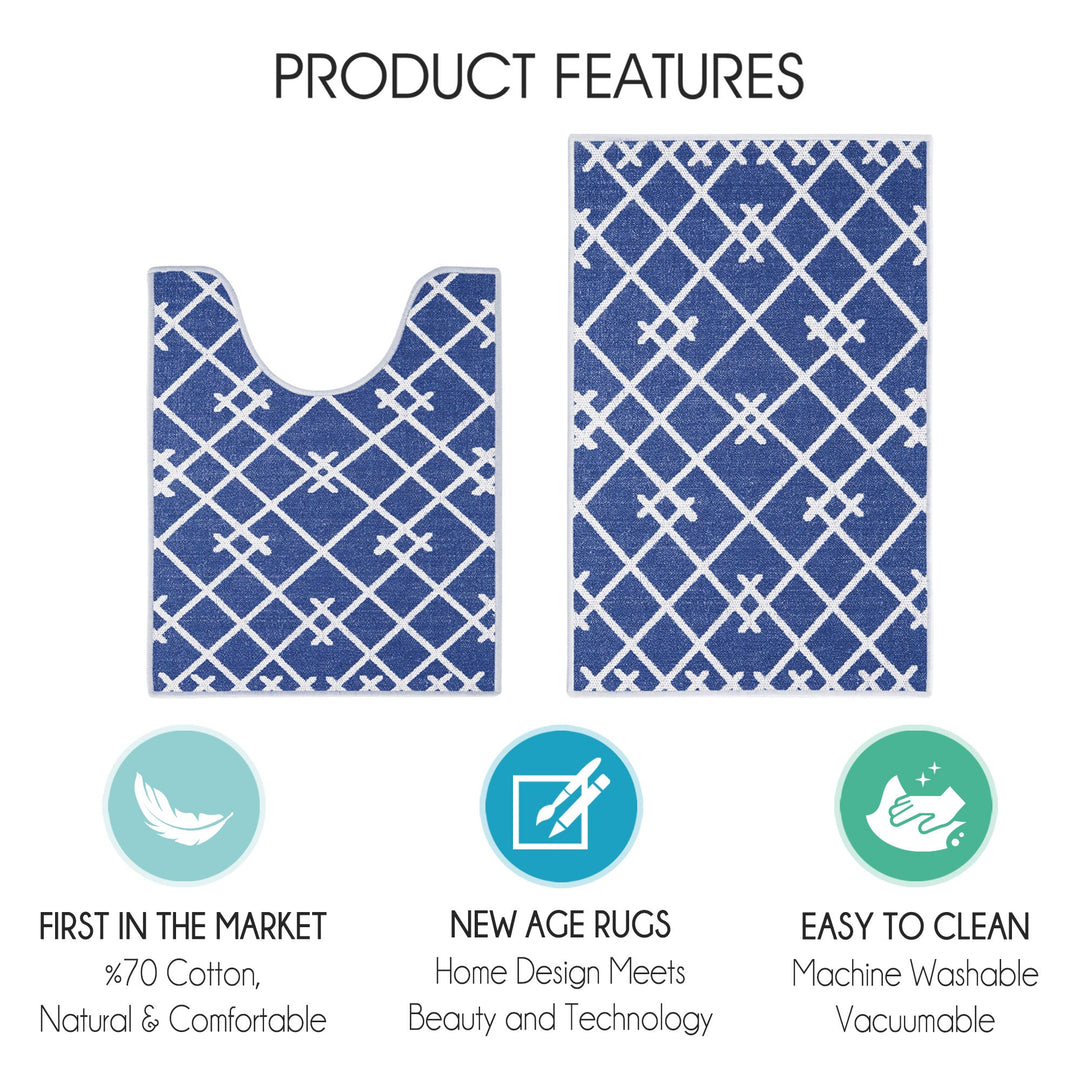 Geometric Design 3 Piece Bathroom Rugs Set|Navy