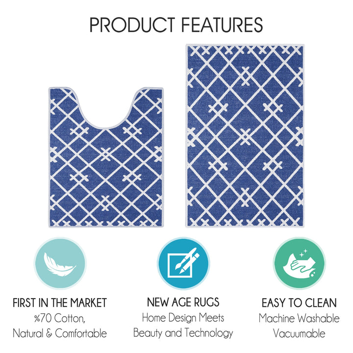 Geometric Design 3 Piece Bathroom Rugs Set|Navy