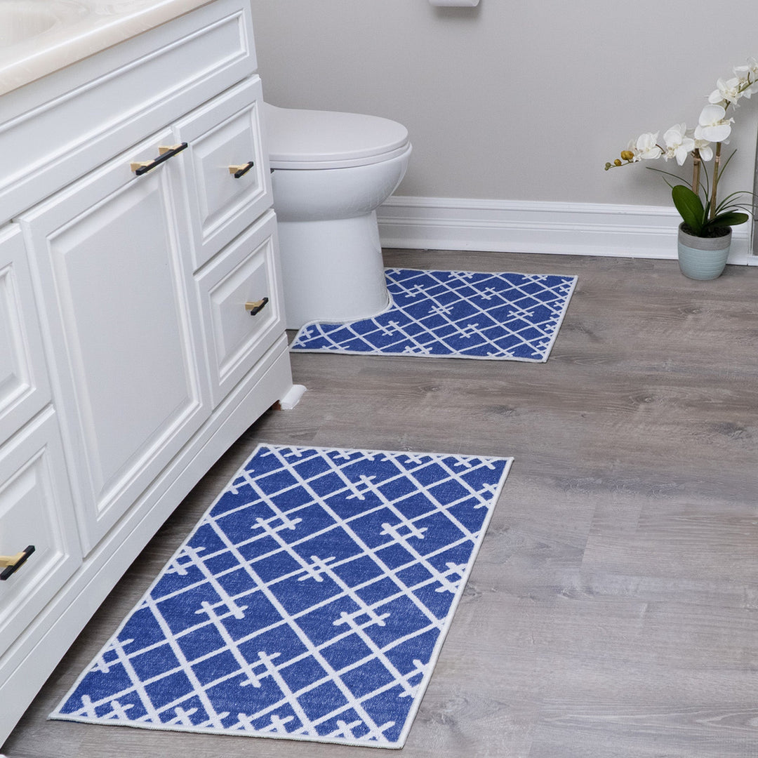 Geometric Design 3 Piece Bathroom Rugs Set|Navy