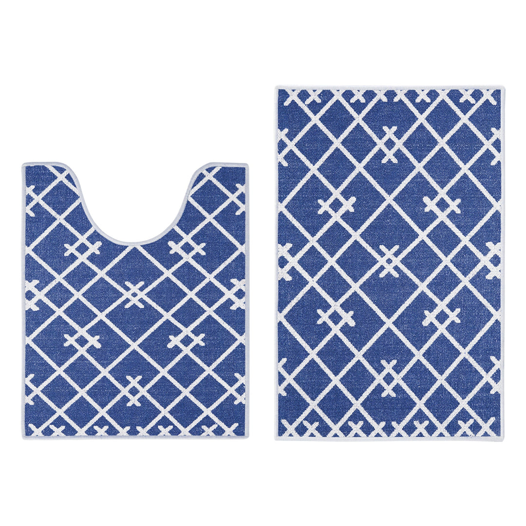 Geometric Design 3 Piece Bathroom Rugs Set|Navy