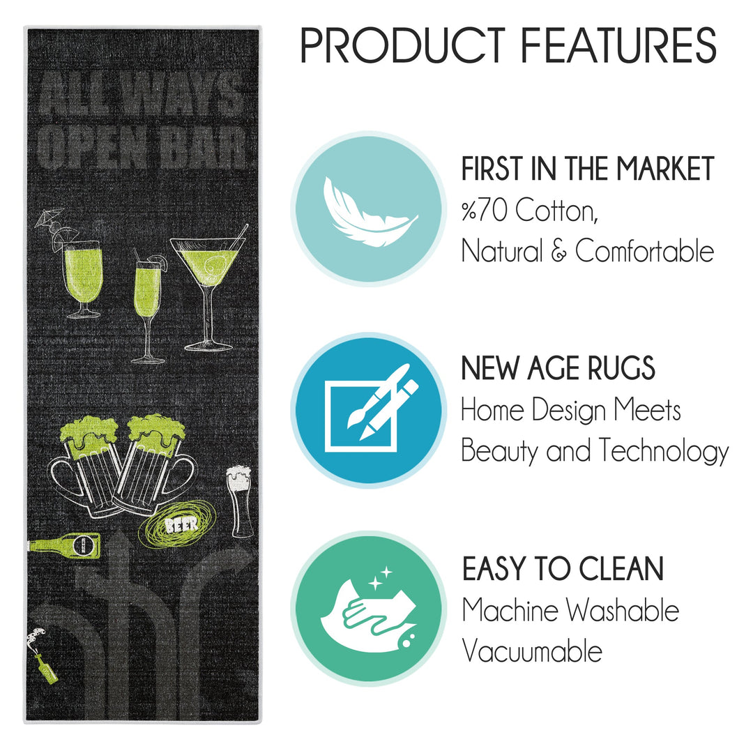 SussexHome Non Skid Washable Beer Bar Decorative Floor Rug 20" x 59" | Black&Green