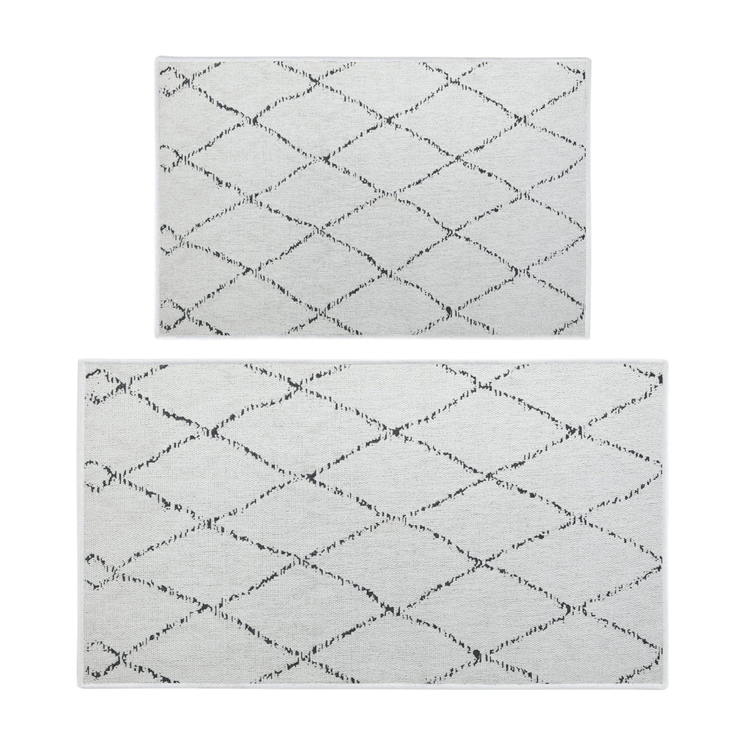 Moroccan Trellis Design Non Skid Washable Kitchen Runner Rugs Set of 2| 44 x 24 and 31.5 x 20 Inches Floor Mats |Ivory