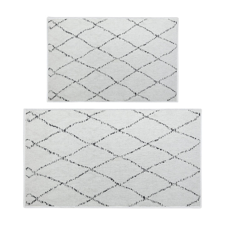Moroccan Trellis Design Non Skid Washable Kitchen Runner Rugs Set of 2| 44 x 24 and 31.5 x 20 Inches Floor Mats |Ivory