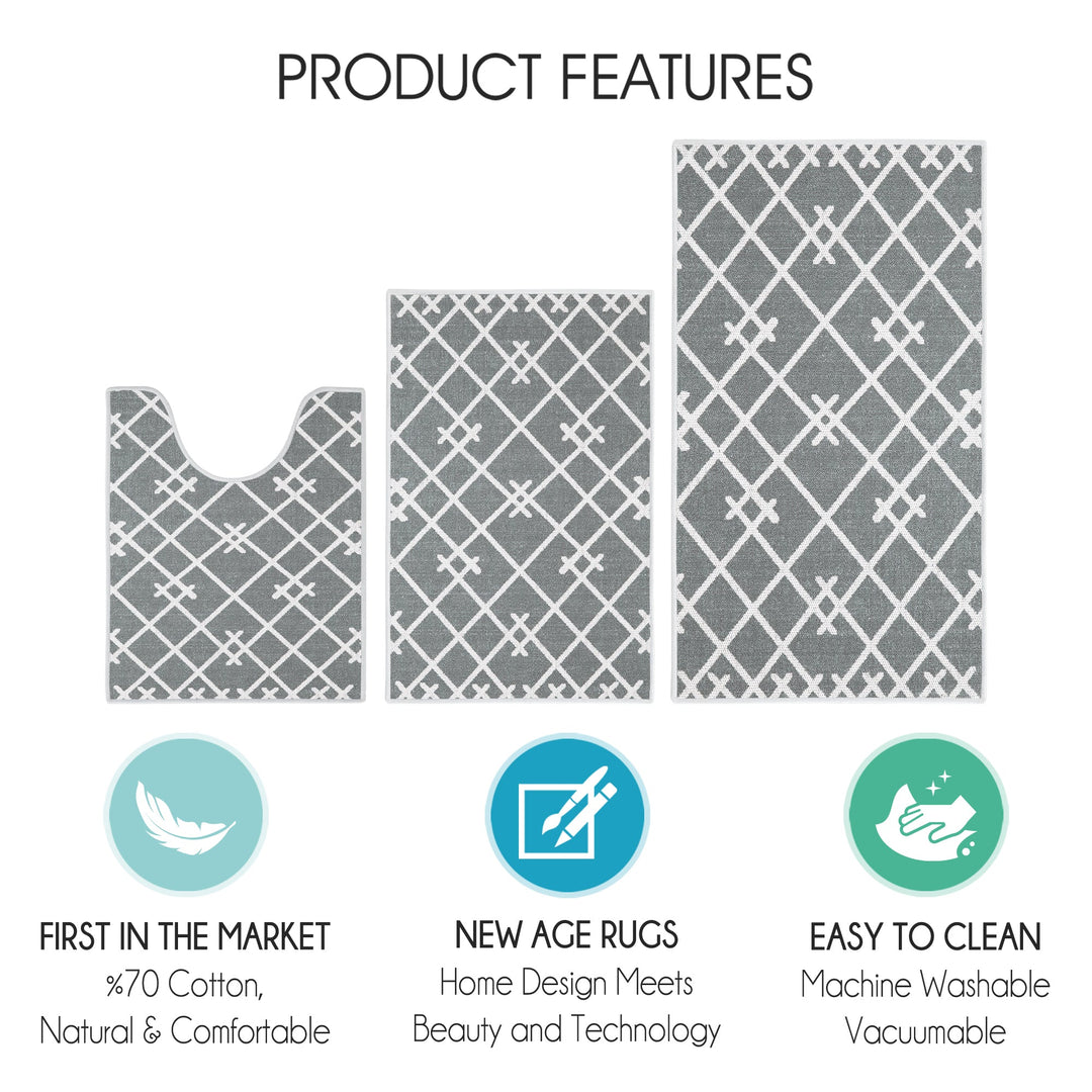 Geometric Design 3 Piece Bathroom Rugs Set|Gray