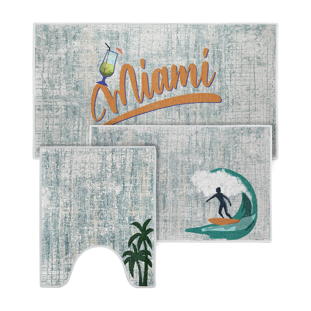 US States Miami Design 3 Piece Bathroom Rugs Set | Gold