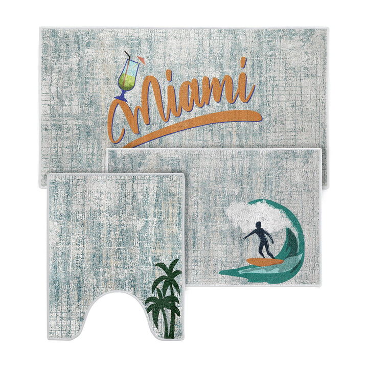 US States Miami Design 3 Piece Bathroom Rugs Set | Gold