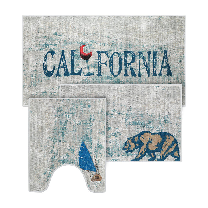US States California Design 3 Piece Bathroom Rugs Set | Blue