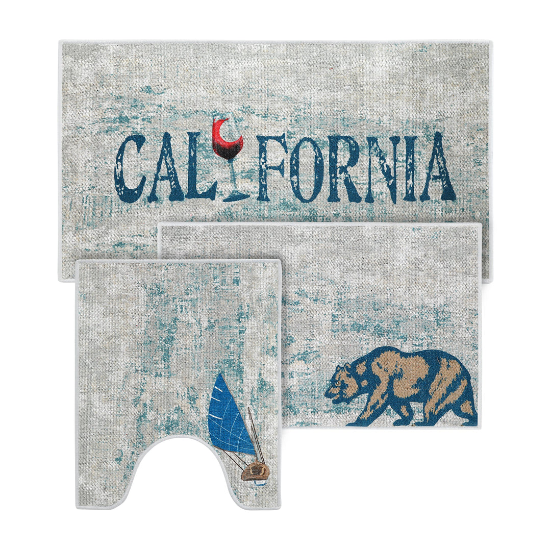 US States California Design 3 Piece Bathroom Rugs Set | Blue