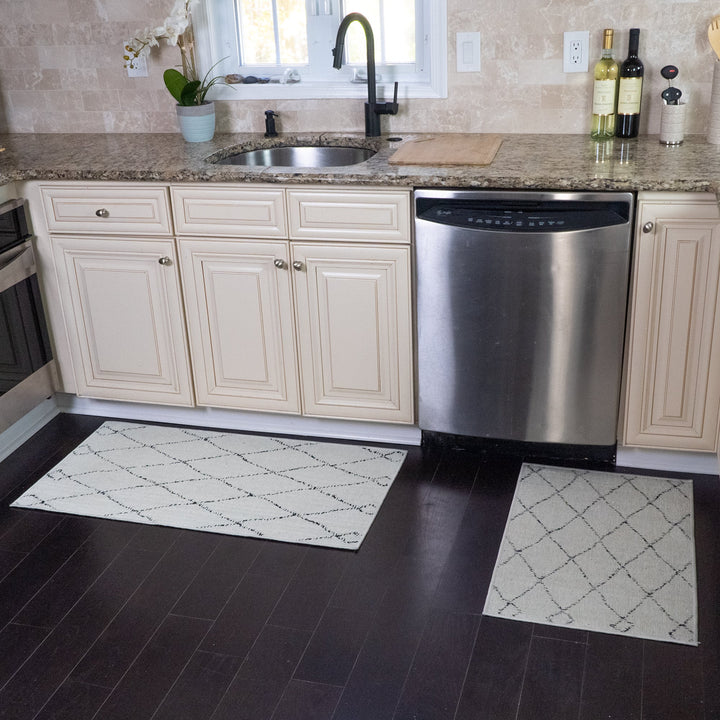 Moroccan Trellis Design Non Skid Washable Kitchen Runner Rugs Set of 2| 44 x 24 and 31.5 x 20 Inches Floor Mats |Ivory