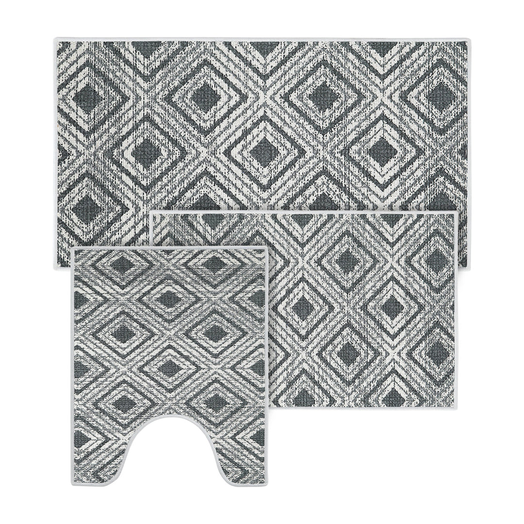 Geometric Design 3 Piece Bathroom Rugs Set |Gray