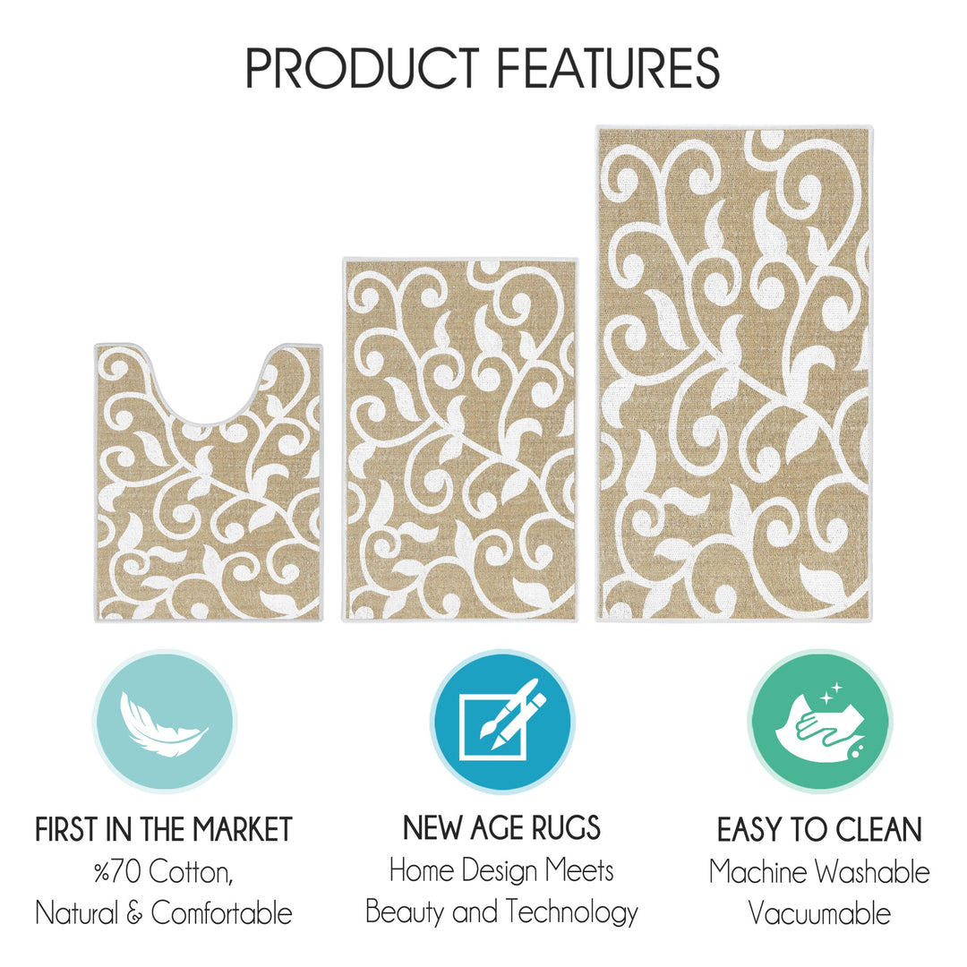 Floral Design 3 Piece Bathroom Rugs Set |Beige