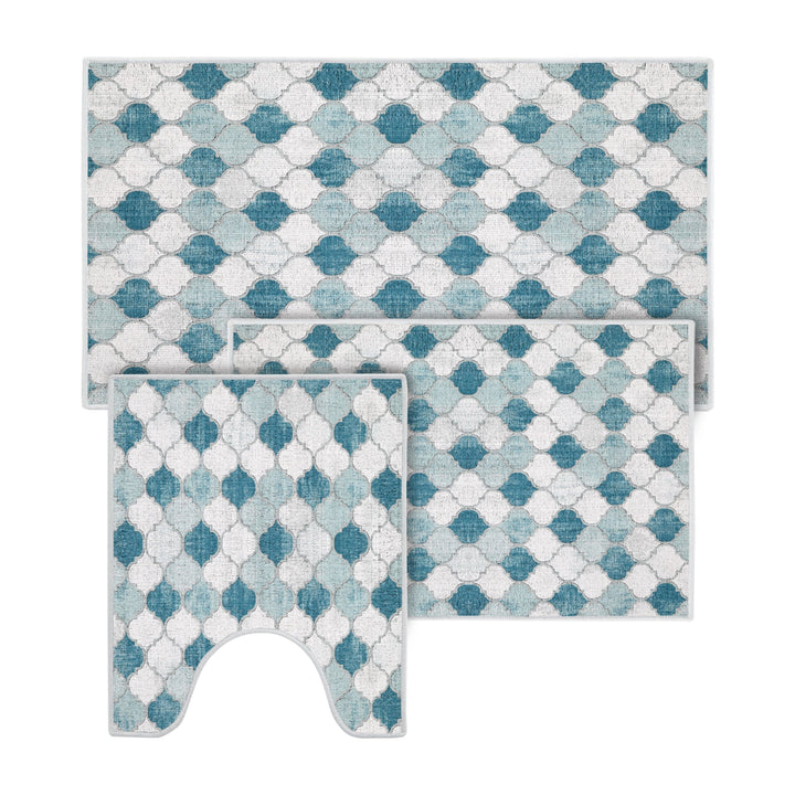 Moroccan Design 3 Piece Bathroom Rugs Set | Gray&Blue