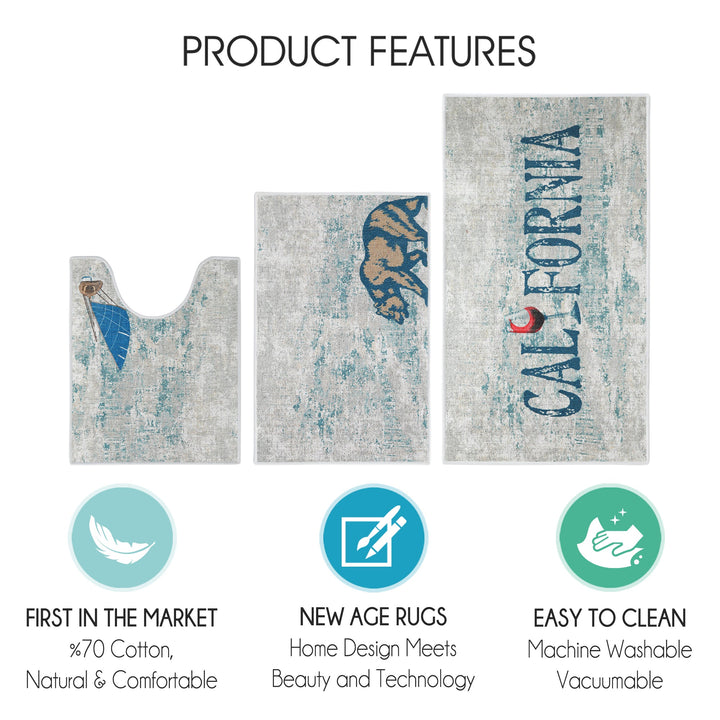 US States California Design 3 Piece Bathroom Rugs Set | Blue