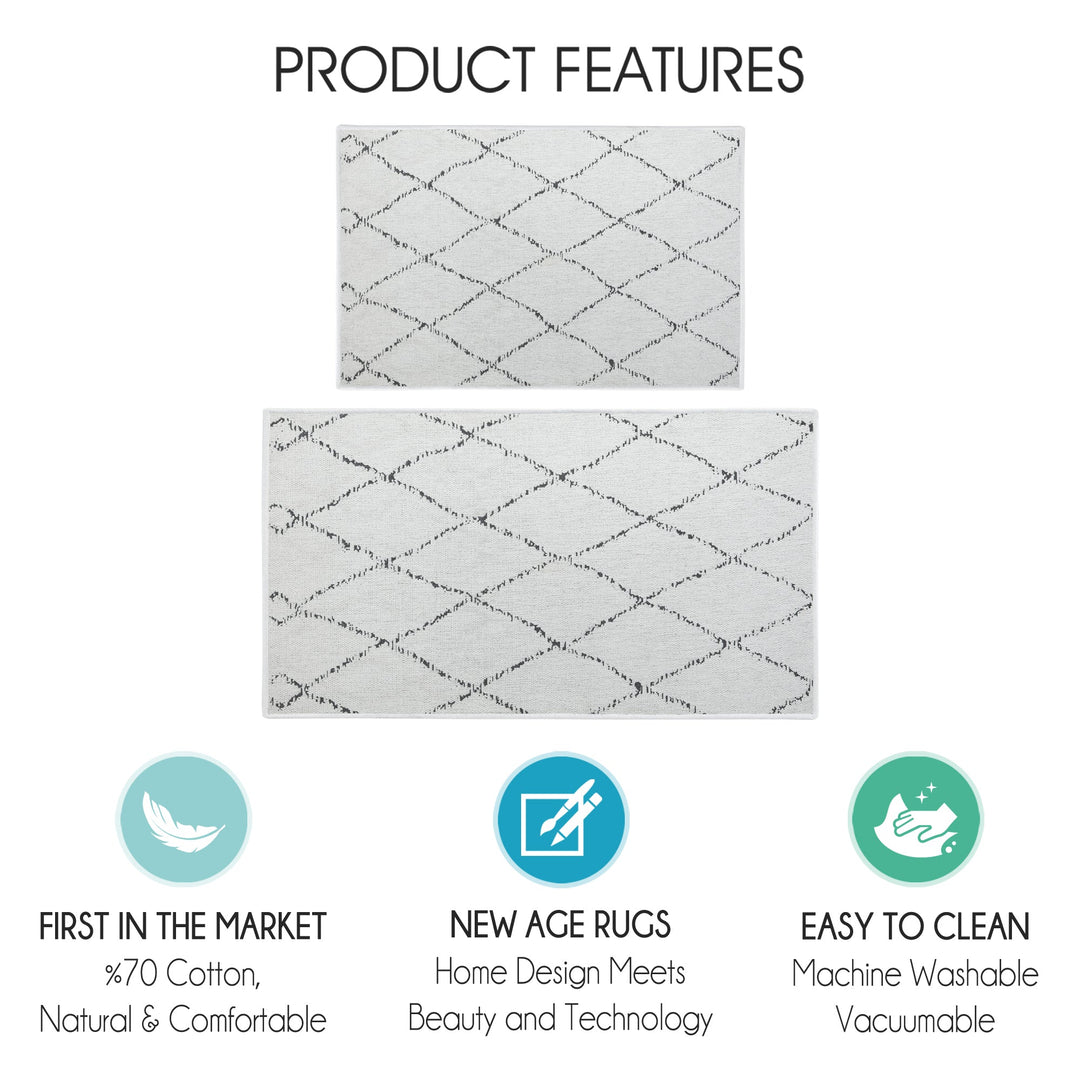 Moroccan Trellis Design Non Skid Washable Kitchen Runner Rugs Set of 2| 44 x 24 and 31.5 x 20 Inches Floor Mats |Ivory