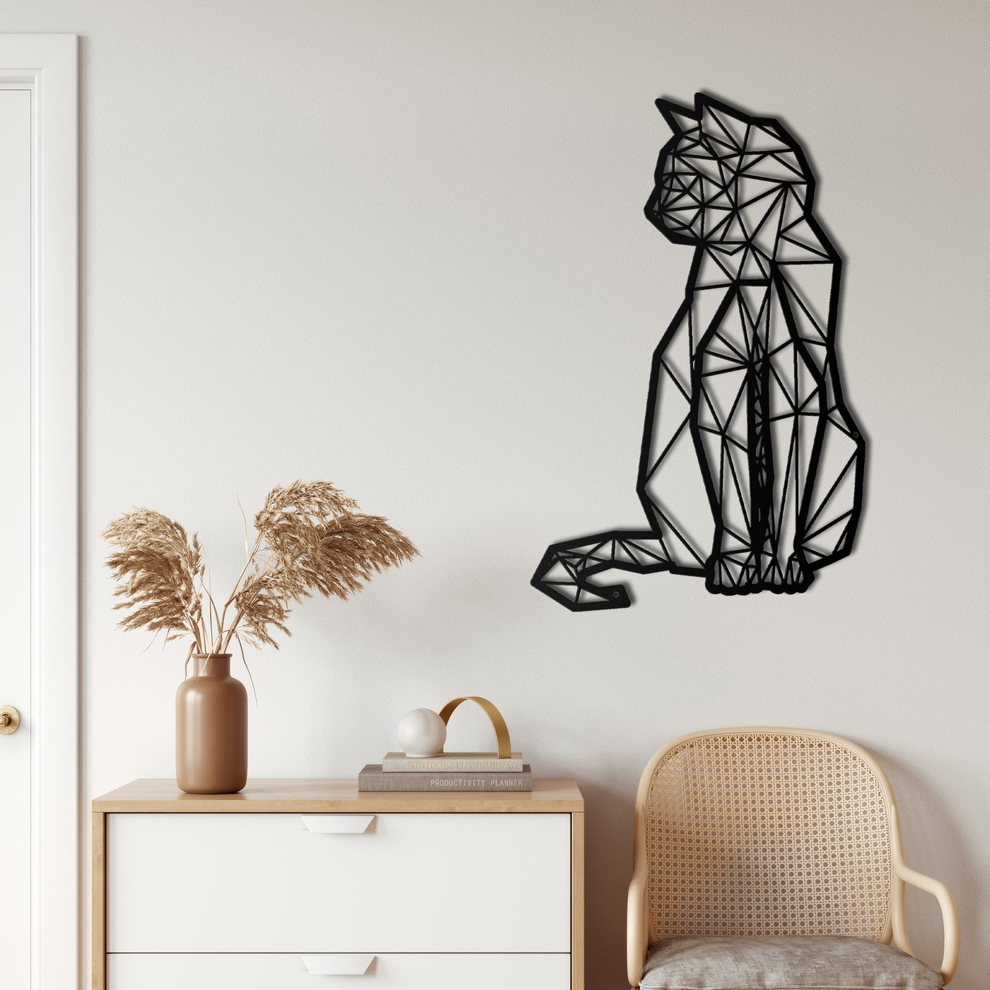 Chat Géométrique Art Mural en Métal