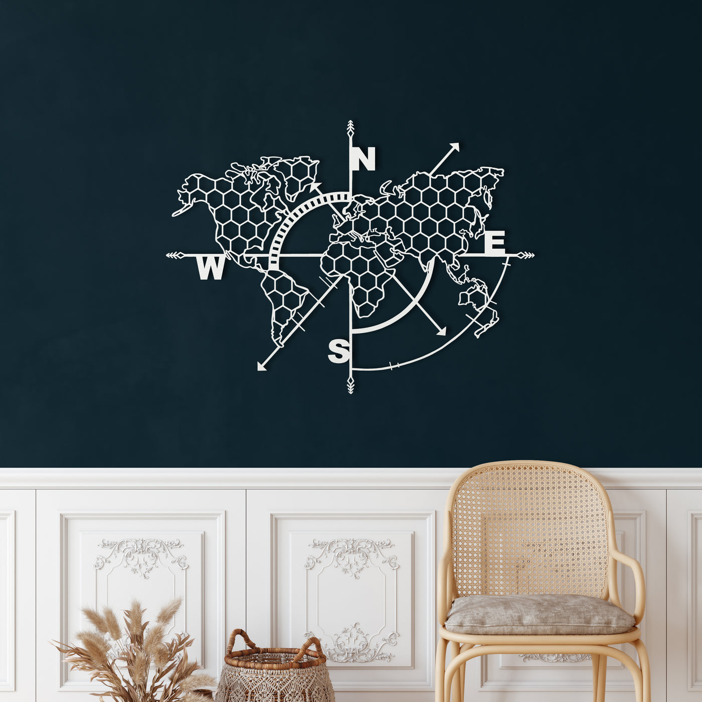 Carte du Monde en nid d'abeille Boussole Art Mural en Métal
