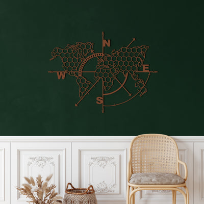Honigwabe Weltkarte Kompass Metall Wandkunst