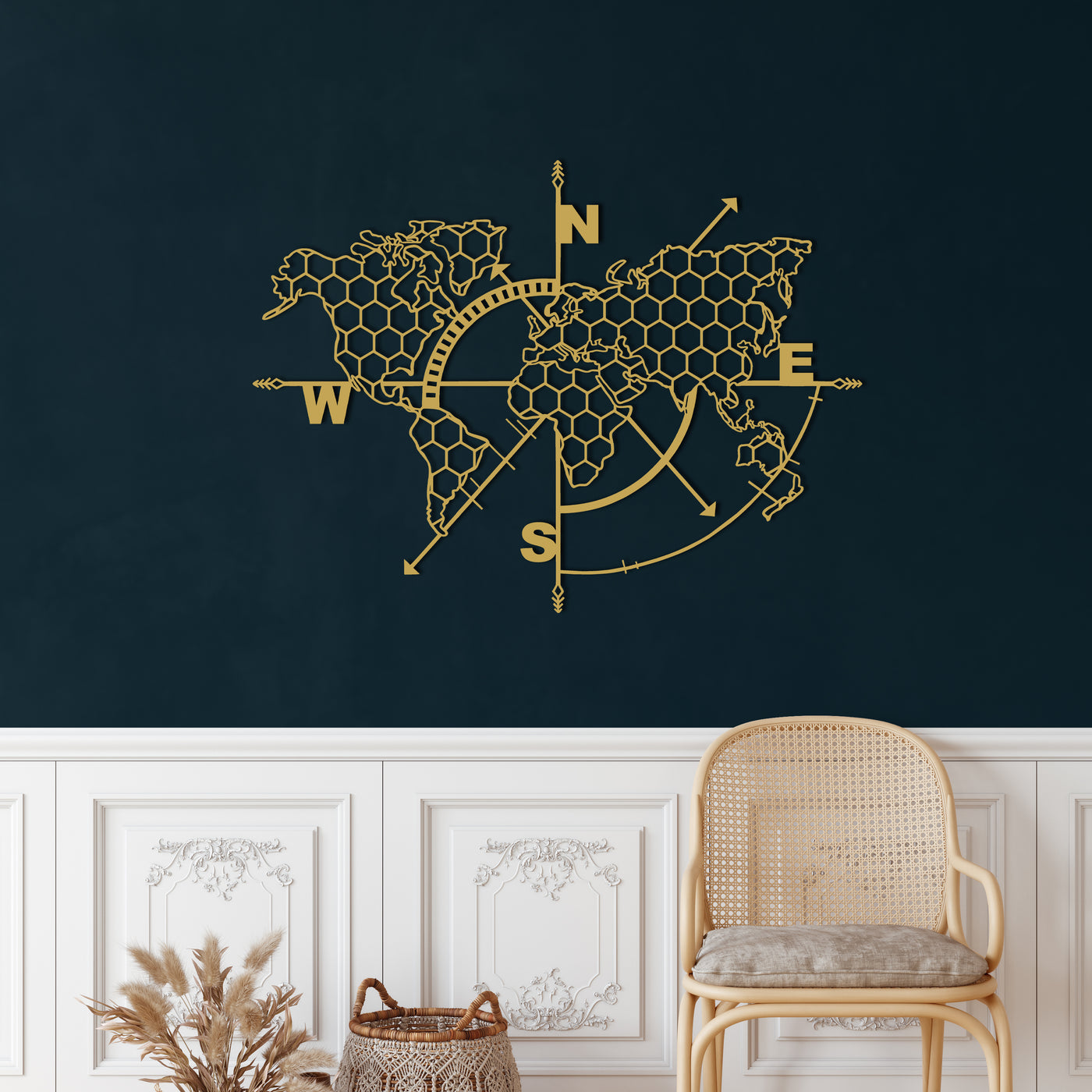 Honeycomb World Map Compass Metal Wall Art