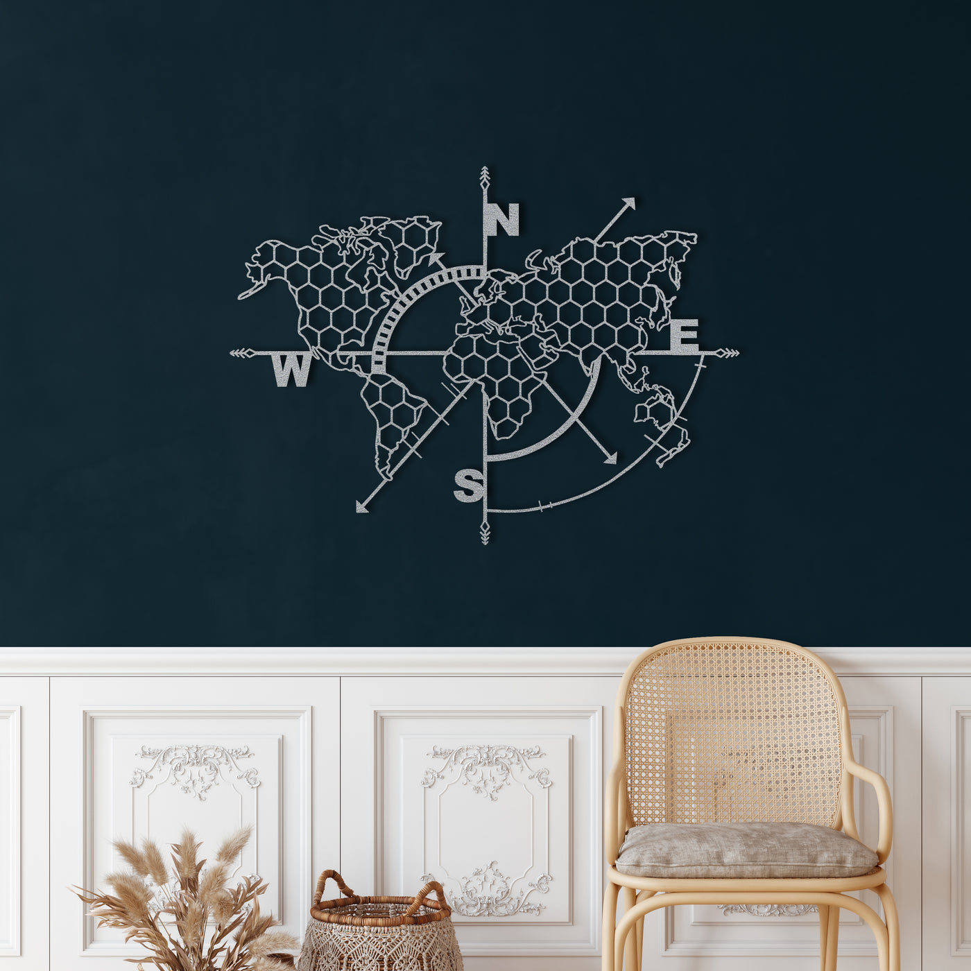 Honigwabe Weltkarte Kompass Metall Wandkunst