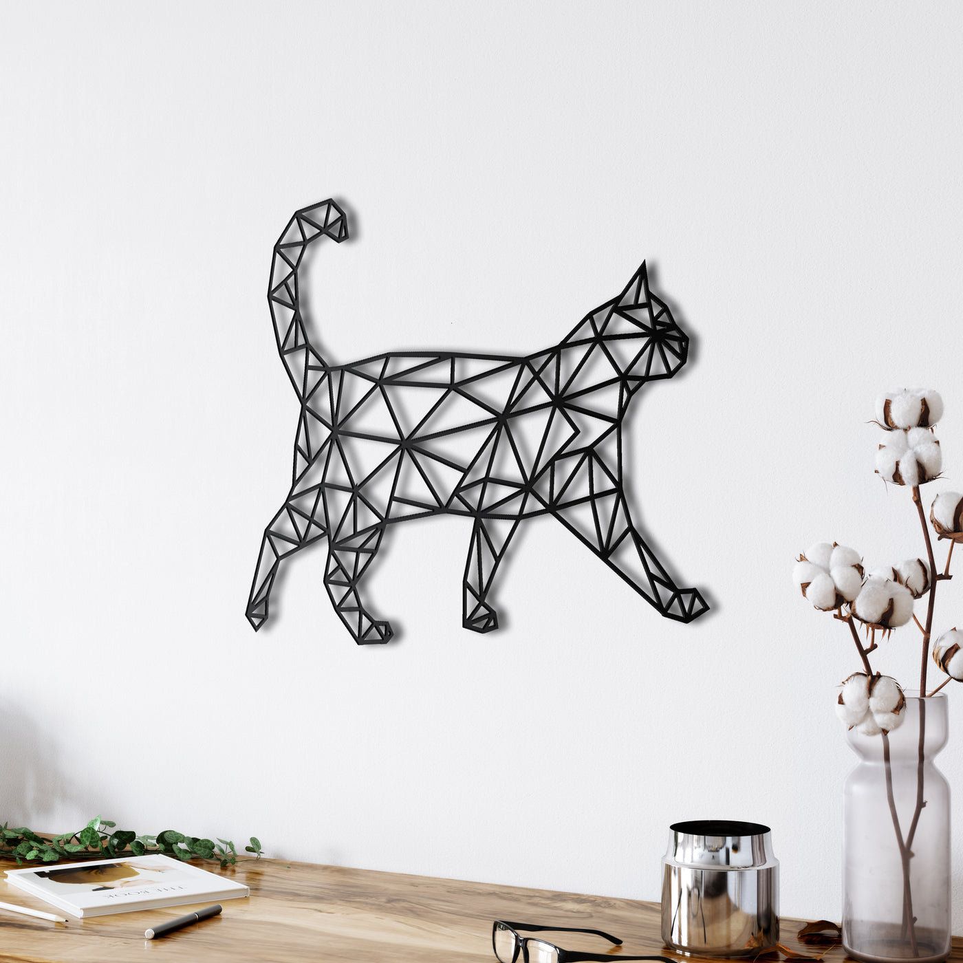 Arte de Pared de Metal con Forma de Gato Geométrico