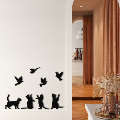 Chats et Oiseaux Art Mural en Métal