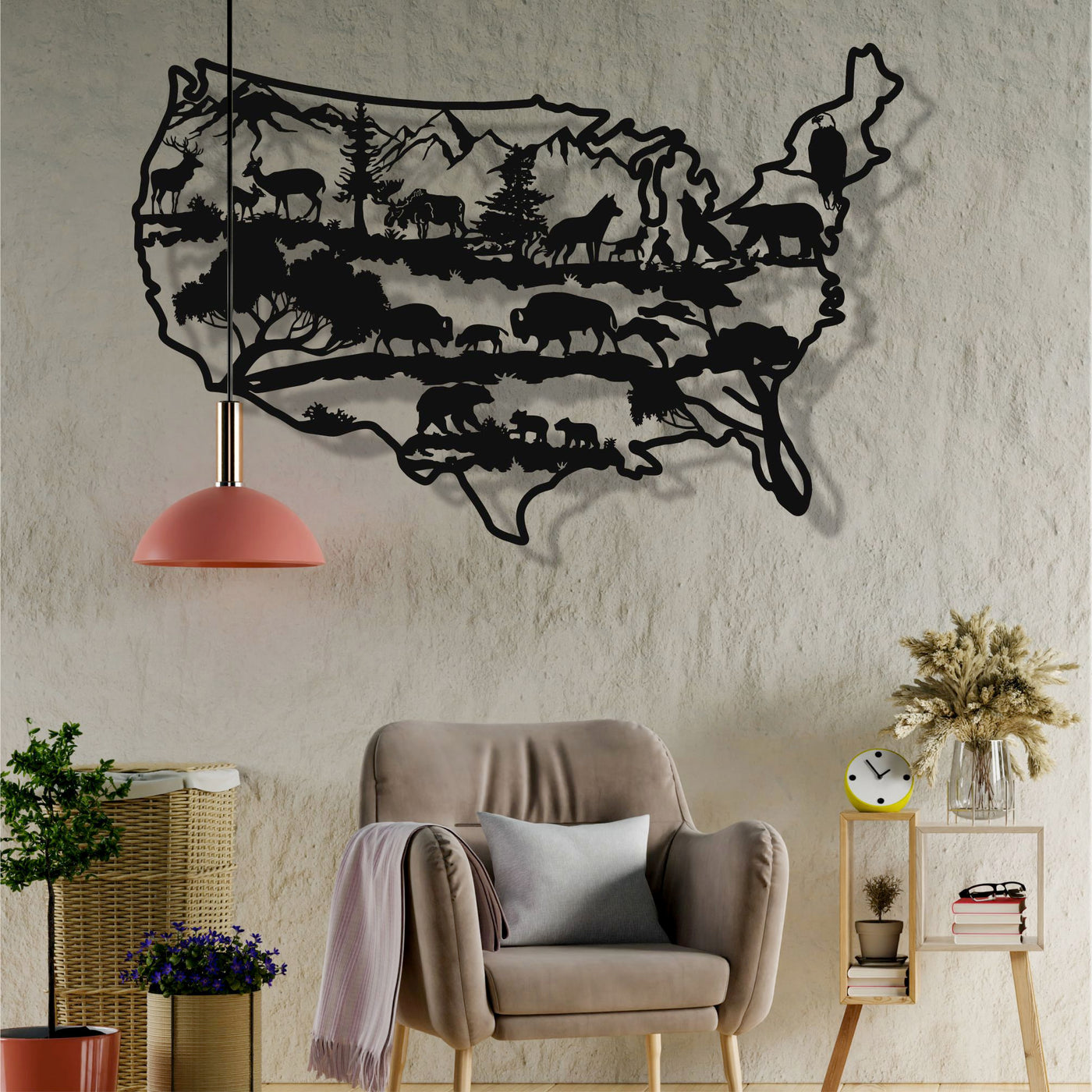 Carte de la faune des États-Unis Art Mural en Métal Visage abstrait